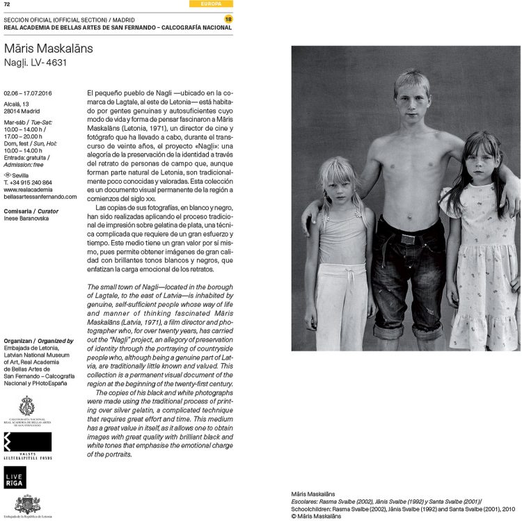 Starptautiskā foto un vizuālo mākslu festivāla "PHotoEspaña 2016" kataloga atvērums ar informāciju par Māra Maskalāna izstādi un foto projektu "Nagļi LV–4631". Publicitātes attēls